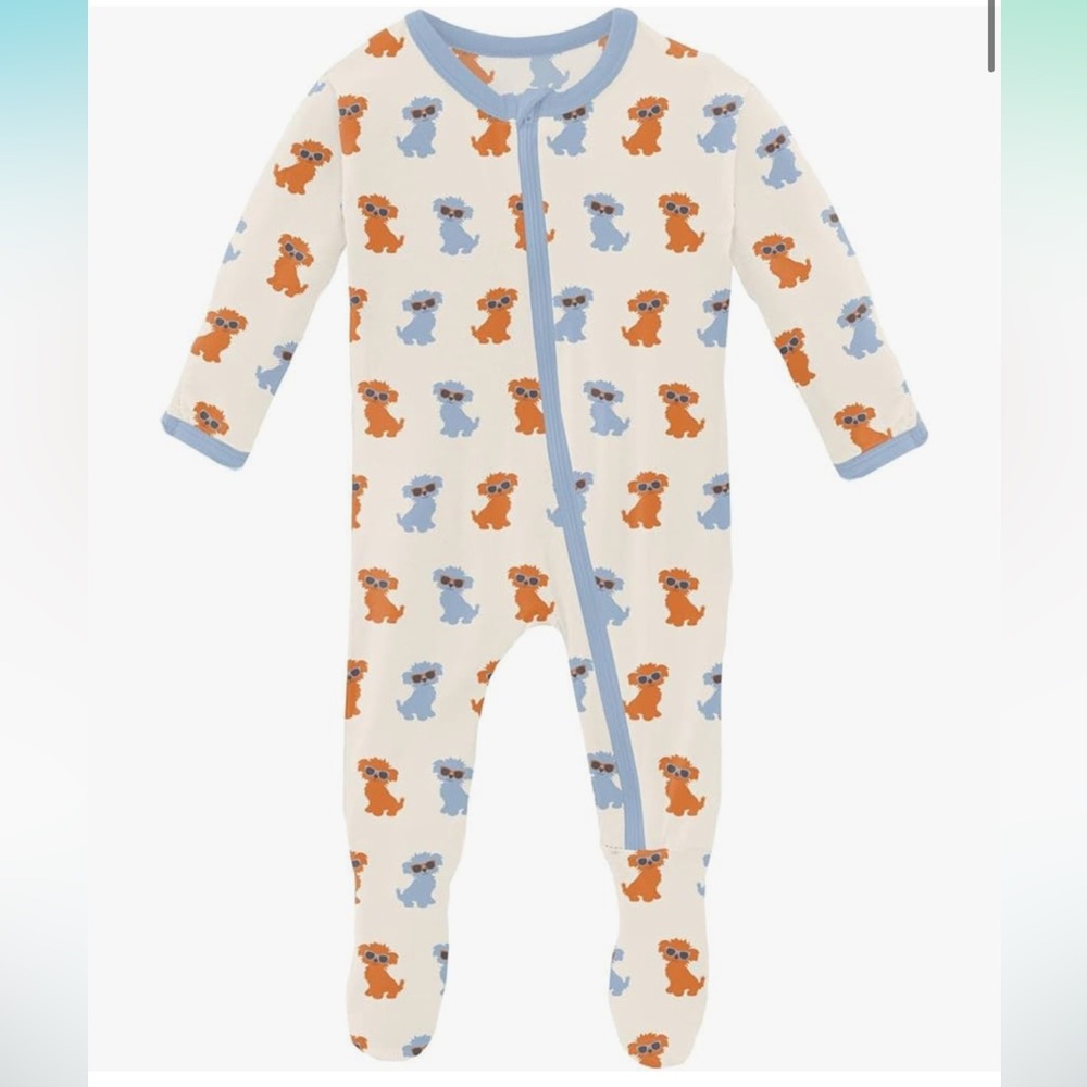 Kickee Pants Blue and Orange Beach Pup Zip Footies 6-9 Months